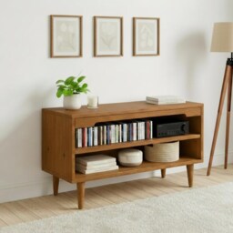 Mid-Century Modern Cd Storage Cabinet - Wooden Media Unit With 2 Shelves - thumbnail 2