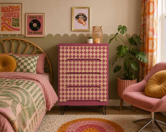 Bright Pink Retro Mcm Patterned Chest Of Drawers - image 1