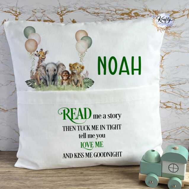 Personalised Book Cushion, Children's Stories, Pocket Pillow, Tuck Me In, Safari Story Cushion - image 1