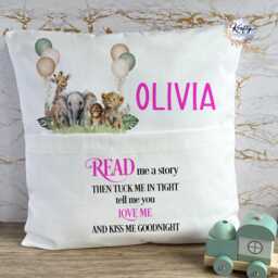 Personalised Book Cushion, Children's Stories, Pocket Pillow, Tuck Me In, Safari Story Cushion - thumbnail 2