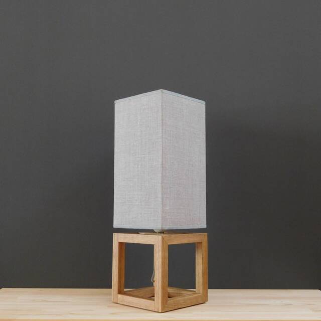 Mid-Century Modern Oak Table Lamp With Gray Linen Shade, Handmade Wooden For Bedroom - image 1