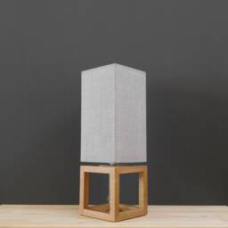Mid-Century Modern Oak Table Lamp With Gray Linen Shade, Handmade Wooden For Bedroom