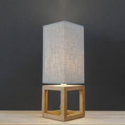 Mid-Century Modern Oak Table Lamp With Gray Linen Shade, Handmade Wooden For Bedroom - thumbnail 3