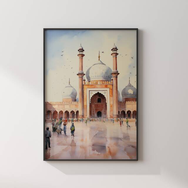 Lahore Badshahi Mosque Wall Art Print - Pakistan Watercolour Painting Travel Poster - image 1