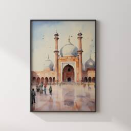 Lahore Badshahi Mosque Wall Art Print - Pakistan Watercolour Painting Travel Poster - thumbnail 1