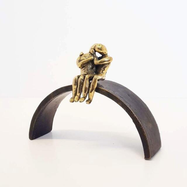 Miniature Bronze Figurative Sculpture For A Romantic Anniversary Gift. A Kissing Couple Sitting On Bridge - image 1