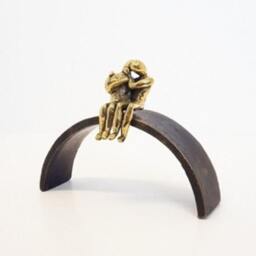 Miniature Bronze Figurative Sculpture For A Romantic Anniversary Gift. A Kissing Couple Sitting On Bridge - thumbnail 2
