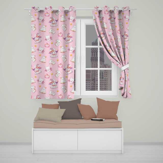 Cute Halloween Bunny Witch Ghost Pumpkin Seamless Pattern Blush Pink Background Readymade Eyelet Ring Top Thermal 100% Blackout Curtains - image 1
