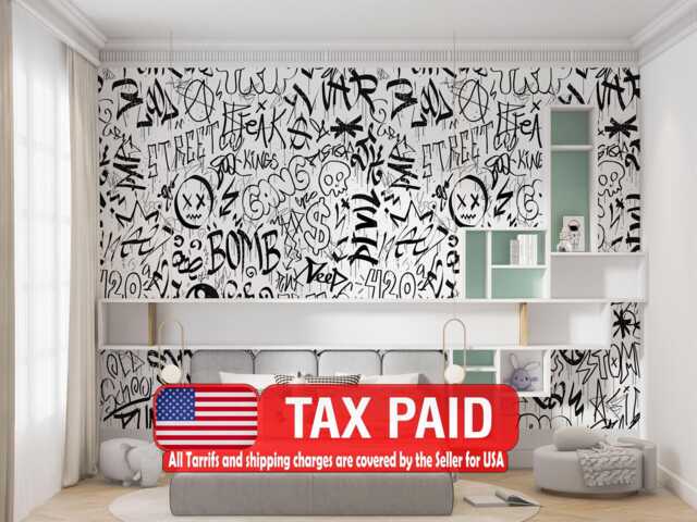 Urban Graffiti Kids Room Wallpaper Mural, Black & White Peel Stick - image 1