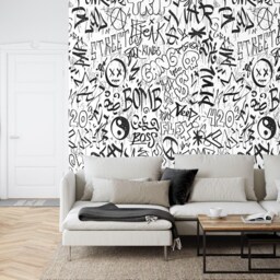 Urban Graffiti Kids Room Wallpaper Mural, Black & White Peel Stick - thumbnail 2