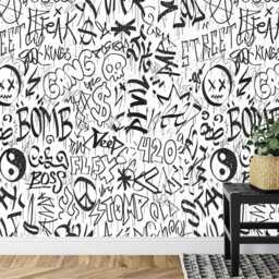 Urban Graffiti Kids Room Wallpaper Mural, Black & White Peel Stick - thumbnail 3