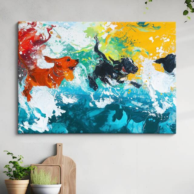 Colorful Dogs Swimming Canvas Art - Vibrant Abstract Pet Wall Decor Modern Splash Painting For Dog Lovers Bold & Playful Home Gift - image 1