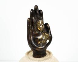 Buddha & Hand Bronze Statue, 4.8 Inch Figurine, Brass Art, Meditation, Spiritual, Handmade, Gift For Him, Room Decor, Grandfather - thumbnail 1