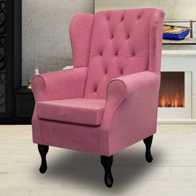 Handmade Flamingo Pink Wingback Chair Buttoned Fireside Accent Chair - image 1