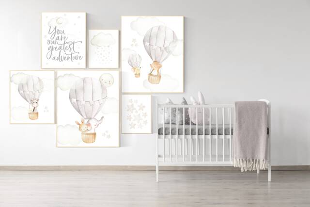 Hot Air Balloon Nursery Print Set Neutral Beige Gray Decor - image 1