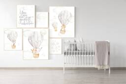 Hot Air Balloon Nursery Print Set Neutral Beige Gray Decor - thumbnail 1
