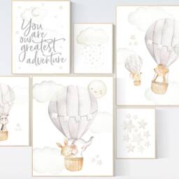 Hot Air Balloon Nursery Print Set Neutral Beige Gray Decor - thumbnail 2