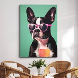 Vibrant Boston Terrier Drink With Glasses Painting Framed Poster Print & Canvas Wall Decor Art Bedroom Home Interior Dog Lover Gift