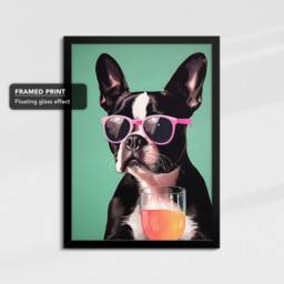 Vibrant Boston Terrier Drink With Glasses Painting Framed Poster Print & Canvas Wall Decor Art Bedroom Home Interior Dog Lover Gift - thumbnail 2