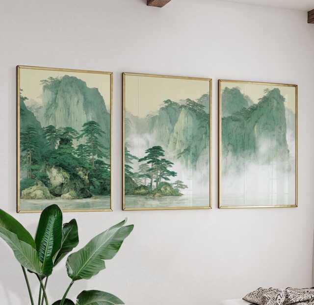 Green Landscape Posters Set Of 3, Japanese Nature Art Prints Wall Decor - image 1