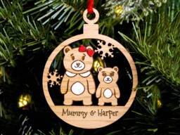 Cute Bear Single Parent Family Christmas Tree Decoration, Personalised Oak Engraved Xmas Bauble, Stocking Stuffer, Mum Son Daughter Mummy