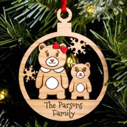 Cute Bear Single Parent Family Christmas Tree Decoration, Personalised Oak Engraved Xmas Bauble, Stocking Stuffer, Mum Son Daughter Mummy - thumbnail 3