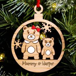 Cute Bear Single Parent Family Christmas Tree Decoration, Personalised Oak Engraved Xmas Bauble, Stocking Stuffer, Mum Son Daughter Mummy - thumbnail 2