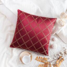 Ruby Red Light Burgundy Decorative Throw Pillow Cover, Satin Blend Farmhouse Cushion Modern Home Decor, Crosshatch Pattern Pillowcase - thumbnail 2