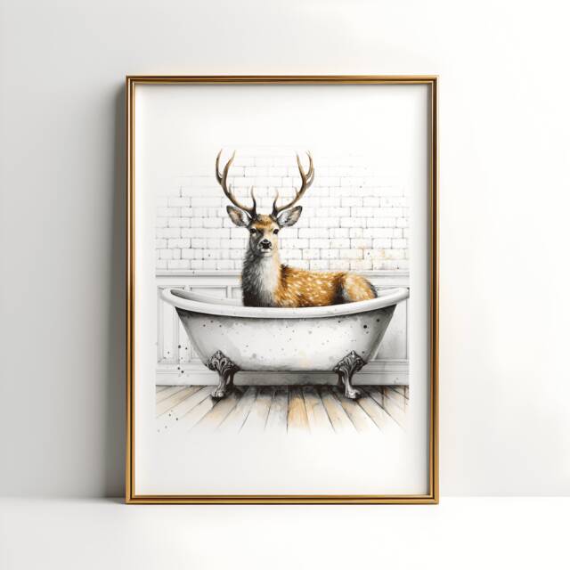 Deer Bathroom Print - Animal Bathtub Poster - Bath Room Wall Art Vintage Watercolour Kids Animals Artwork - image 1