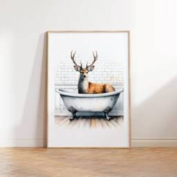Deer Bathroom Print - Animal Bathtub Poster - Bath Room Wall Art Vintage Watercolour Kids Animals Artwork - thumbnail 2
