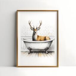 Deer Bathroom Print - Animal Bathtub Poster - Bath Room Wall Art Vintage Watercolour Kids Animals Artwork - thumbnail 1