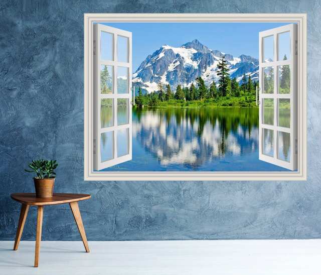 Mountain Lake Scene Window 3D Wall Decal Art Removable Wallpaper Landscape Mural Sticker Vinyl Home Decor