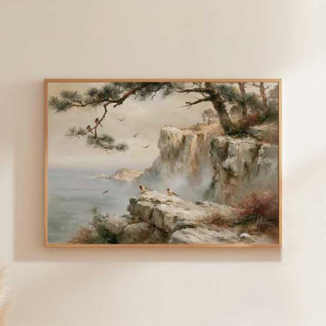 Misty Cliff Poster, Pine Mountain Print, Nature Wall Art, Paper - image 1