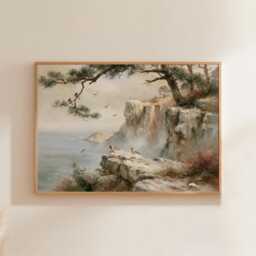 Misty Cliff Poster, Pine Mountain Print, Nature Wall Art, Paper - thumbnail 1