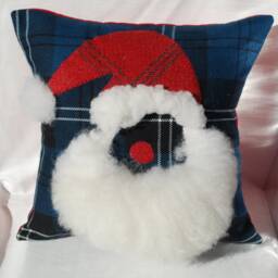 Christmas Santa Claus Cushion, Sheepskin Decorative Handmade, Tartan Square Pillow Gift, Rustic Country D??cor 12 - thumbnail 1
