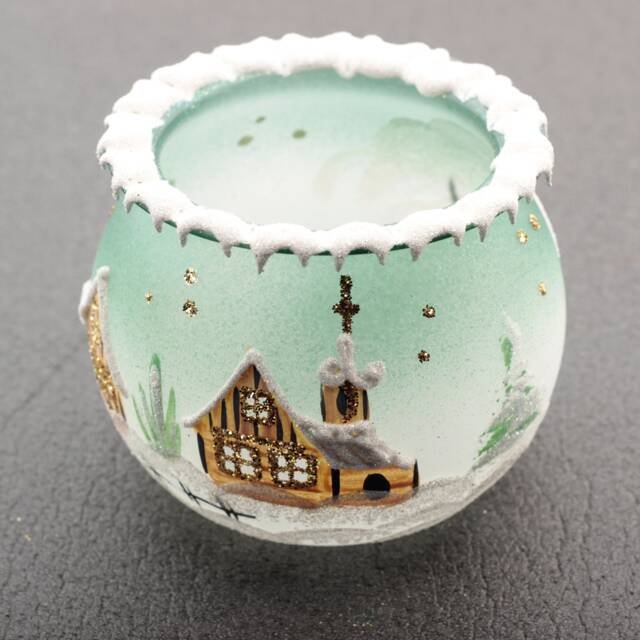Hand Painted Czech Green Glass Christmas Winter Candle Holder - image 1