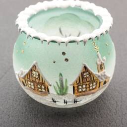 Hand Painted Czech Green Glass Christmas Winter Candle Holder - thumbnail 2