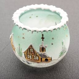Hand Painted Czech Green Glass Christmas Winter Candle Holder - thumbnail 1