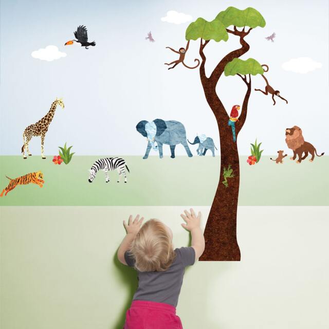 Jungle Safari Wall Decals - Peel & Stick Tree Sticker & Animal For Nursery Or Theme Baby Shower Mini Set - #1243-17 - image 1