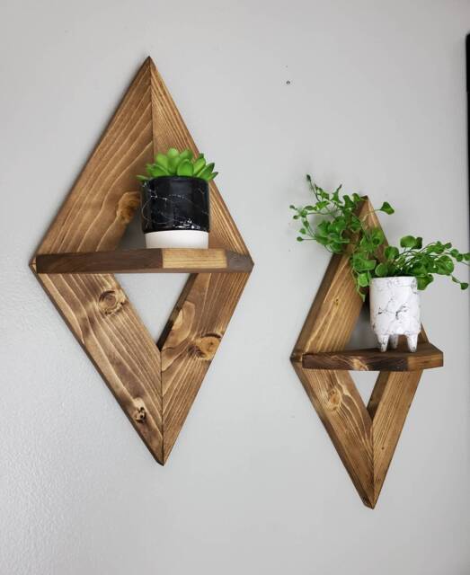 Handmade Geometric Wall Shelves Set Of 2, Floating Wood Shelves, Farmhouse Decor, Rustic Bathroom Shelf, Boho Bedroom Decor - image 1