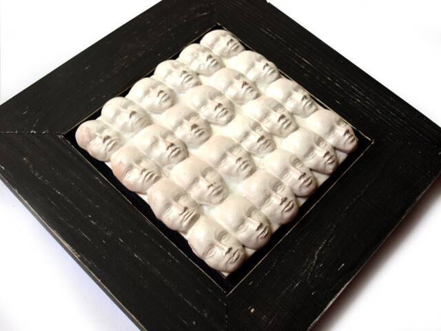 Creepy Ceramic Doll Head Wall Sculpture 3D Shadowbox Art - image 1