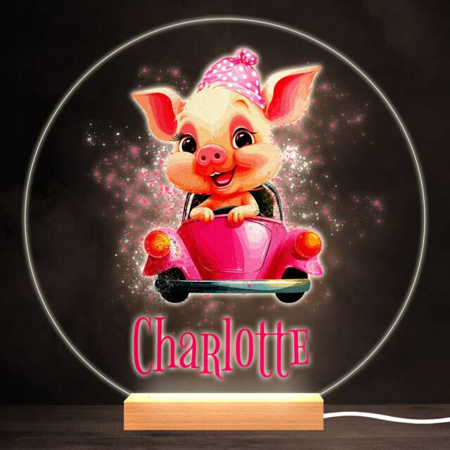 Cute Pig in Pink Car Colourful Round Personalised Gift Led Lamp Night Light - Bedroom - image 1