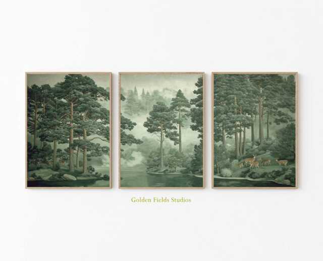 Misty Pine Forest Prints Set Green Woodland Landscape Wall Art - image 1