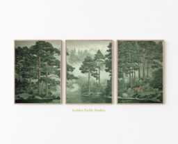 Misty Pine Forest Prints Set Green Woodland Landscape Wall Art - thumbnail 1