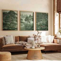 Misty Pine Forest Prints Set Green Woodland Landscape Wall Art - thumbnail 3