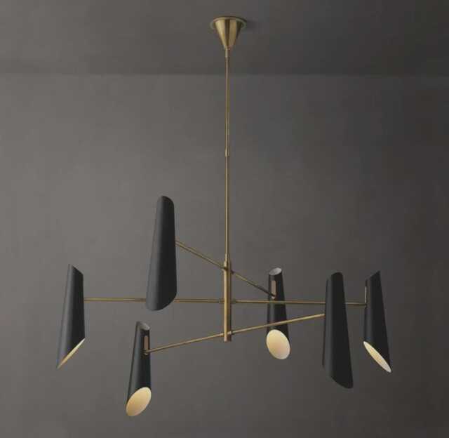 Mid Century Sputnik Chandelier - Handmade Brass & Black Starburst Light- 6 Light Italian Pendant Stilnovo Style Fixture - image 1