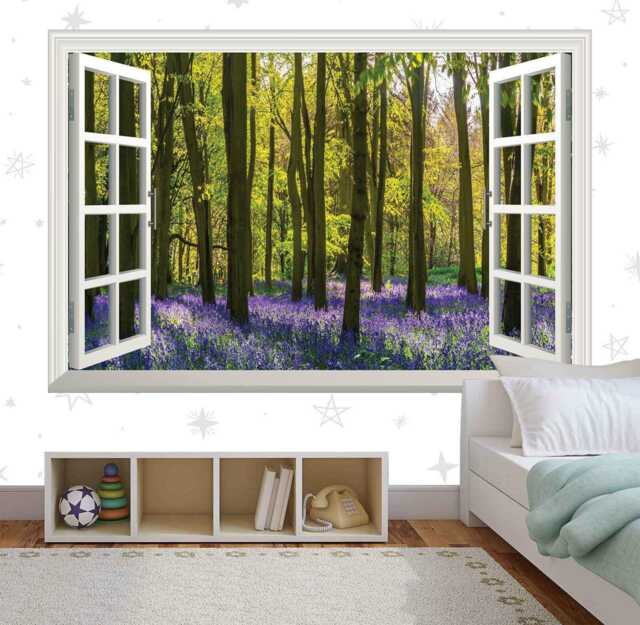 3D Window View Wall Decal Purple Flower Forest Vinyl Mural - image 1