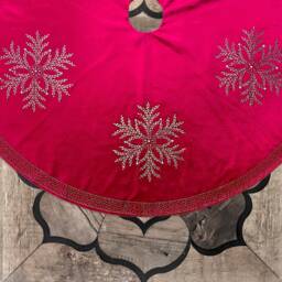 Christmas Tree Skirt Luxurious Red Velvet Adorned With Rhinestone Snowflakes & Stud Crystals, Personalized Elegant Handmade Holiday Decor - thumbnail 2