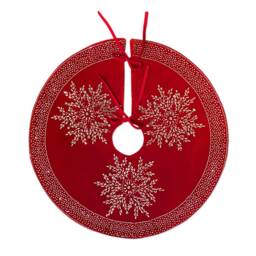 Christmas Tree Skirt Luxurious Red Velvet Adorned With Rhinestone Snowflakes & Stud Crystals, Personalized Elegant Handmade Holiday Decor - thumbnail 4
