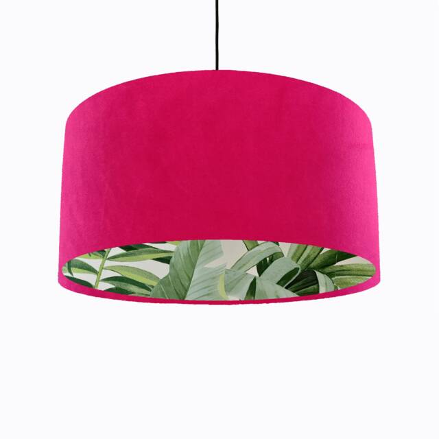 Cerise Pink Velvet Drum Lampshade With Lush Green Leaves Lining, Large Fuchsia Tropical Lightshade - image 1